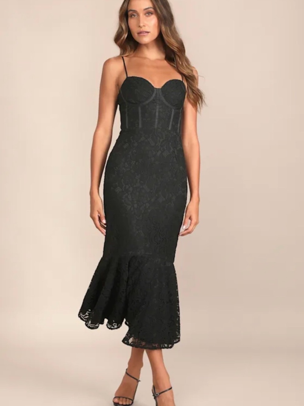 Lulu's Black Lace Mermaid-Style Midi Dress with Spaghetti Straps
